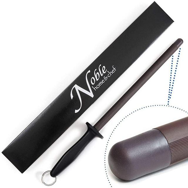 Professional 10.5 Inch Black Ceramic Honing Rod Has 2 Grit Options, an Impact Resistant Tip, Hanging Ring, and Japanese Ceramic. Noble Home & Chef Sharpening Rods are Perfect for Chefs!