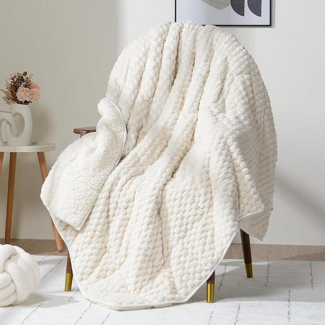 Wemore Fleece Weighted Blanket for Adults (48" x 72" 15lbs, Cream White), Dual Sided Cozy Soft Sherpa Heavy Blanket, 3D Imitation Turtle Shell Warm Jacquard Flannel Weighted Blankets for Couch and Bed