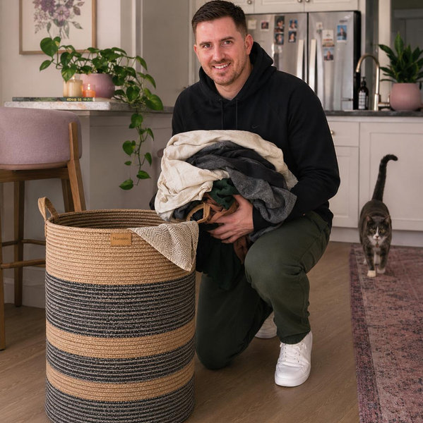 Nunsino 95L Striped Laundry Hamper with Leather Handles,Large Foldable Laundry Basket for Clothes,Cotton Rope Storage Bin for Blankets,Woven Clothes Basket for Bedroom,Dark Brown Stripes