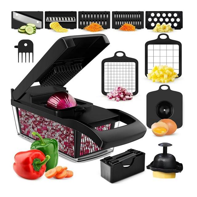 PrepNaturals 8 in 1 Vegetable Chopper With Container, Mandoline Slicer For Kitchen, Cucumber Slicer, Veggie Chopper Vegetable Cutter, Food Chopper, Salad Chopper, Onion Vegetable Slicer (Black)
