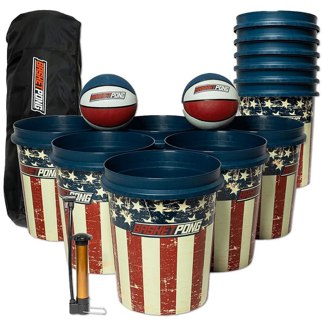 BasketPong USA – Giant Yard Pong and Basketball Game with 12 Buckets, 2 Balls, Carrying Bag, and Air Pump – Outdoor Game for Lawn, Backyard, Beach, and Parties