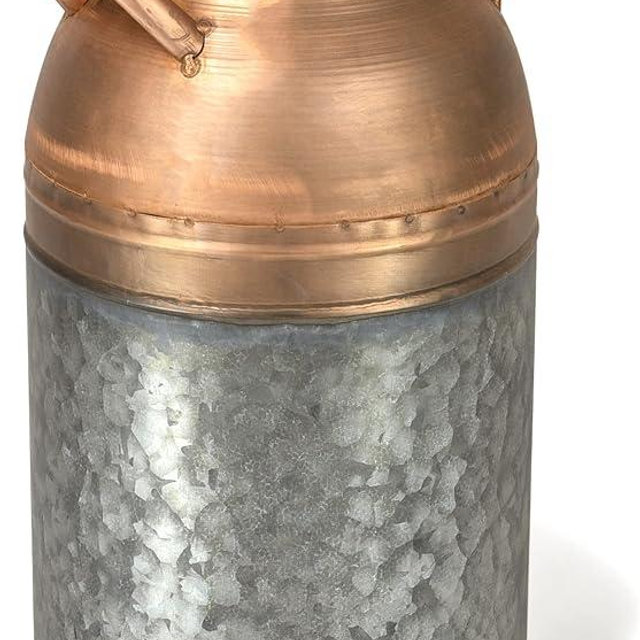 Red Co. 16” Tall Large Decorative Galvanized Metal & Copper Jug Vase with Handles, Distressed Grey/Rose Gold