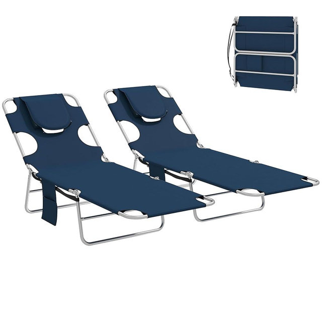 Outsunny Chaise Lounge Chair Outdoor Set of 2 with Face Arm Hole, 5-Position Reclining Face Down Tanning Chair with Carry Strap, Side Pocket, Portable Folding Bed Cot for Patio Beach Pool, Dark Blue