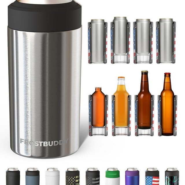 Frost Buddy Universal Can Cooler - Fits all - Stainless Steel Can Cooler for 12 oz & 16 oz Regular or Slim Cans & Bottles - Stainless Steel