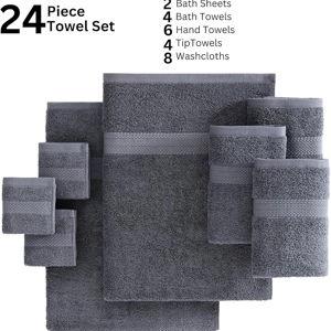 LANE LINEN 100% Cotton Towel Set for Bathroom - 24 Pcs, Ring Spun - Plush, Soft & Absorbent - 2 Bath Sheets, 4 Fingertip, 4 Bath, 6 Hand Towels, 8 Washcloths - Suitable for All Skin Types - Cool Grey
