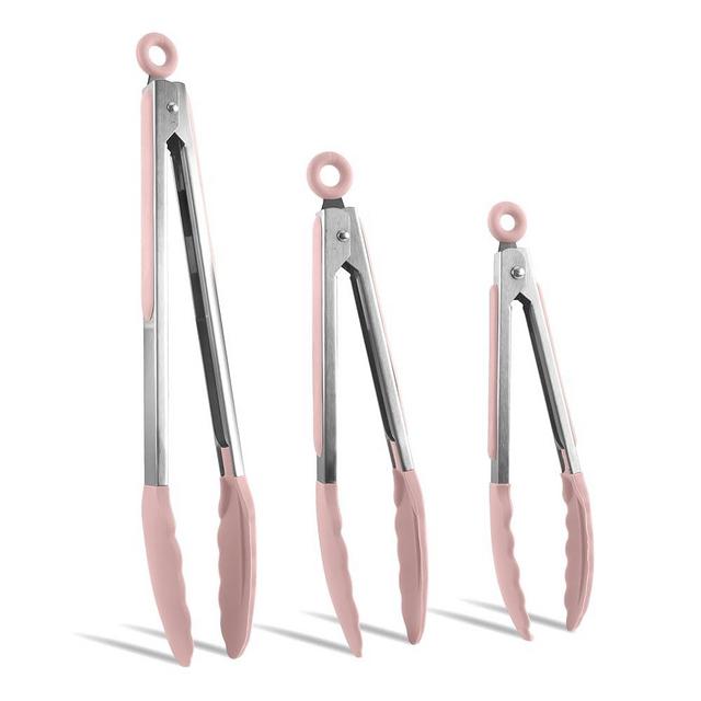 COOK WITH COLOR Stainless Steel Silicone Tipped Kitchen & BBQ Tongs Set, 8", 10” and 13”, Pink