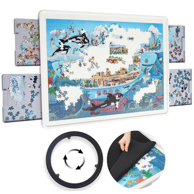 Playboda 1500 Pieces Rotating Plastic Puzzle Board with Drawers and Cover, 35"x27" Portable Jigsaw Puzzle Table for Adults, Lazy Susan Spinning Puzzle Boards (Patent Design)