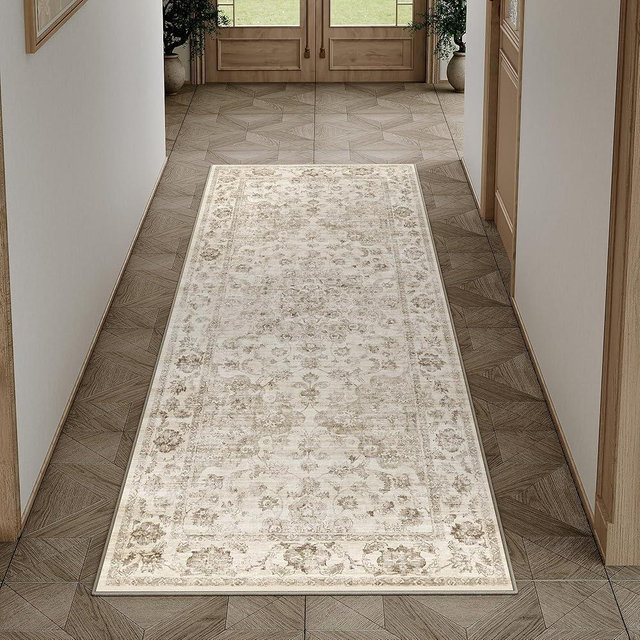 WondRg 2x5 Washable Neutral Runner Rug Beige Hallway Kitchen Non-Slip Low Pile Floral Carpet Vintage Soft Thin Small Throw Rug for Bathroom Bedroom Entryway Indoor Entrance
