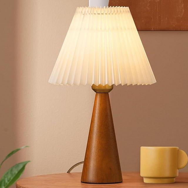 EDISHINE 13.58" Small Table Lamp, Wooden Base Nightstand Lamp, White Pleated Lampshade, Space-Saving Modern Bedside Lamp for Nursery Kids Room Bedroom Living Room, E26, ON-Off Button, Dark Rosewood
