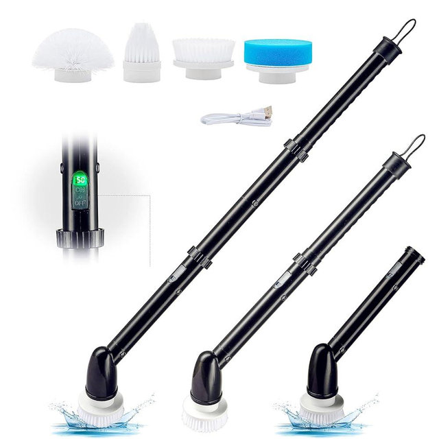 Electric Spin Scrubber for Bathtub Tile & Tub Floor - Long Handle, 4 in 1 Shower Cleaning Brush