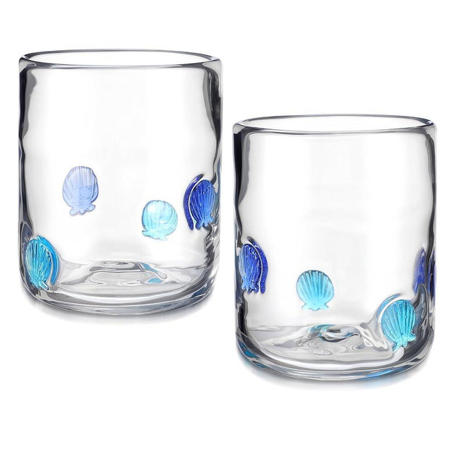 Maxdot 2 Pcs Icon Juice Glasses Seashell Glass Cups Drinking Shell Stemless Wine Glasses 14 Ounce Double Old Fashioned Icon Hand Blown Cocktail Cups Gifts for Women Summer Sea Party Supplies
