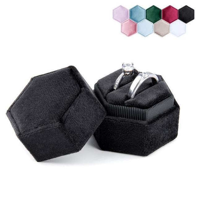 DesignSter Hexagon Velvet Ring Bearer Box - Premium Gorgeous Vintage Double Ring Display Holder with Detachable Lid for Proposal, Engagement, Wedding, Ceremony (Black)