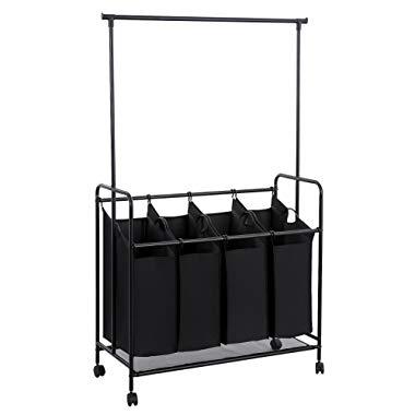 SONGMICS 4-bag Rolling Laundry Sorter with Hanging Bar Heavy-duty with Wheels & Larger Bags Black URLS44B