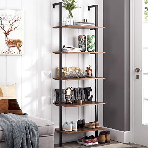 Homfa 5-Tier Industrial Ladder Shelf Against The Wall, 72.6 Inches Display Storage Rack Plant Flower Stand Utility Organizer Bookshelf Wood Look Accent Metal Frame Furniture Home Office