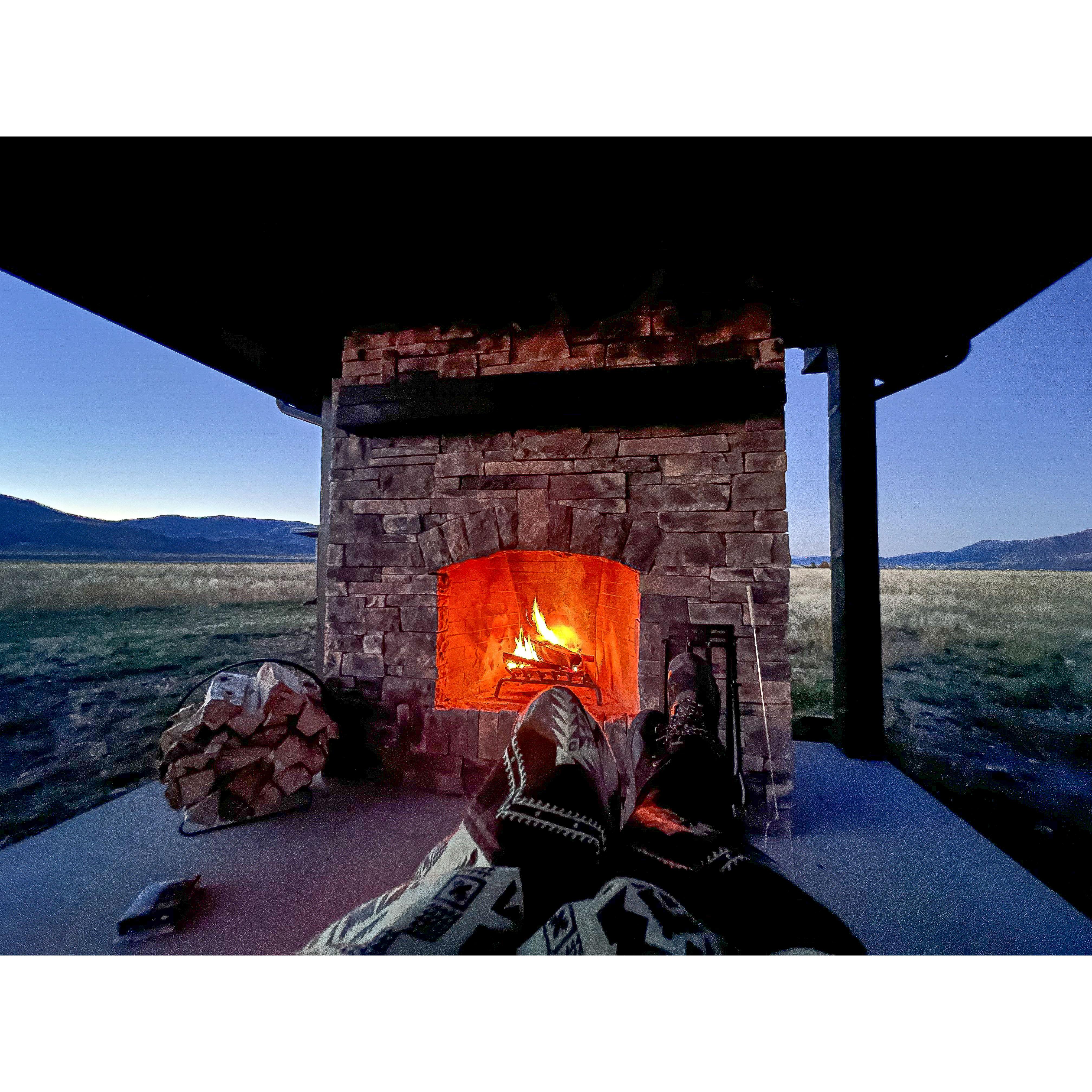 Enjoying a fire and sunset at Lone Cactus.