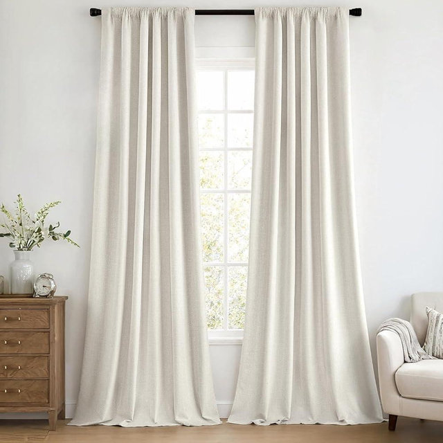 MIULEE 100% Blackout Curtains 102 Inch Long 2 Panels Set for Bedroom, Thick Faux Linen Black Out Curtain Room Darkening Back Tab Pleat Window Textured Drapes with Hooks for Living Room, Light Beige