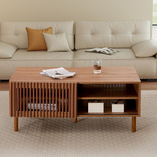 Bestier Modern Coffee Table with Fluted Sliding Doors and Dual Side Storage, Solid Wood Legs
