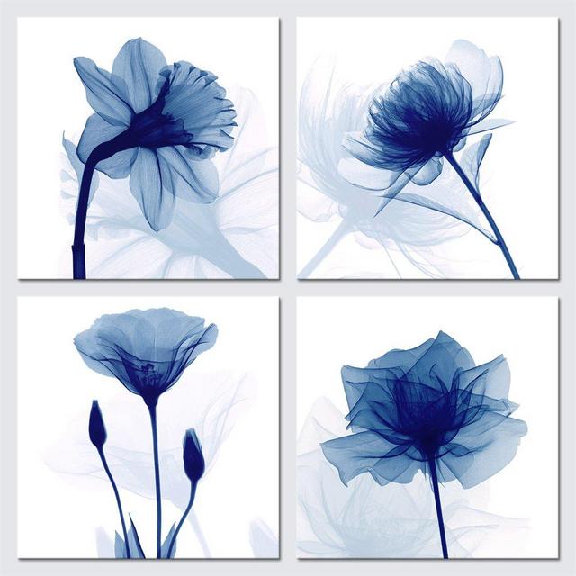 Pyradecor Blue Flickering Flower Modern Abstract Paintings Canvas Wall Art Gallery Wrapped Grace Floral Pictures on Canvas Prints 4 Panels Artwork for Living Room Bedroom Office Home Decorations