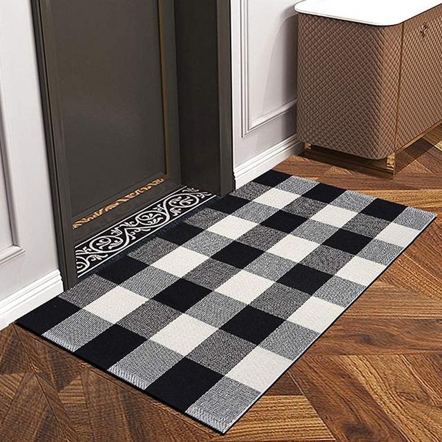 Indoor Outdoor Doormat with Latex Backing, Entryway Welcome Mats, HIPPIH Cotton Plaid Entrance Rug Shoes Scraper, Low-Profile Inside Front Door Mat Non Slip for Doorway, Bathroom, Entry Way, Bedroom