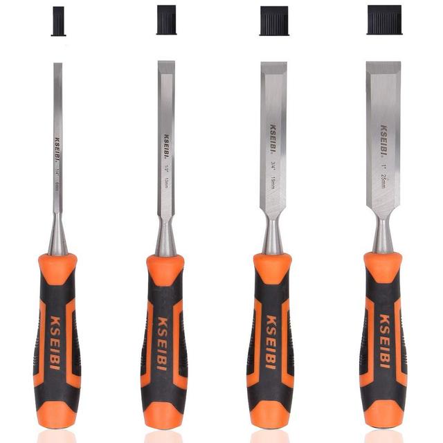 KSEIBI 312130 Premium Wood Chisel Set Chrome Manganese Blades for Woodworking, Carving, Soft Grip Handles W Hammer Steel-end Cap 4-Piece