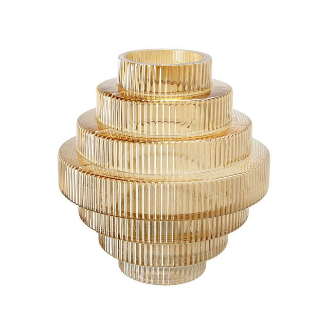 T2 Concept 9x9x10” Clear Amber Luster Glass Accent Vase with Modern Geometric Tiered Design Home Decor Flower Vase for Mantel Tabletop Shelf Office Event
