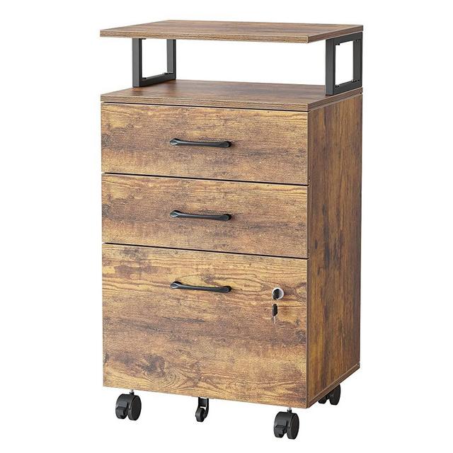 FEZIBO File Cabinet with Lock for Home Office, 3-Drawer Rolling Filing Cabinet, Home Office File Cabinet for A4/Letter/Legal Size, Printer Stand, Wooden Storage Cabinet, Rustic Brown