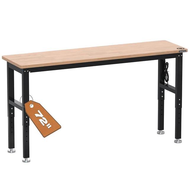 WORKPRO 72" Adjustable Workbench, 3000 LBS Load Capacity Hardwood Garage Workbench with Power Outlets, Rubberwood Top Heavy-Duty Workstation for Workshop, Garage, Office, Home