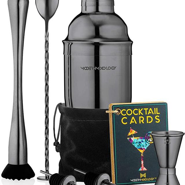 Cocktail Shaker Set Drink Mixer // 8-piece Portable Bartender Kit with 24oz Martini Shaker Bar Tool Set // 2 Pourers // Muddler // Jigger // Mixing Spoon // Velvet Bag // Built-in Strainer (Black)