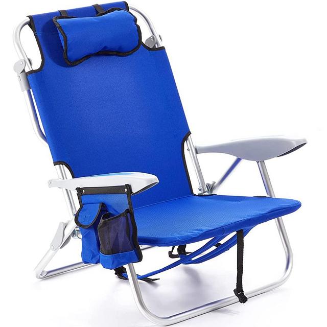 Canpsky Portable Beach Chair for Adults, Outdoor Lightweight Camping Chair Lay Flat Folding Backpack Beach Reclining Chair with 4 Positions, Headrest, Cooler Pouch, Cup Holder, Blue