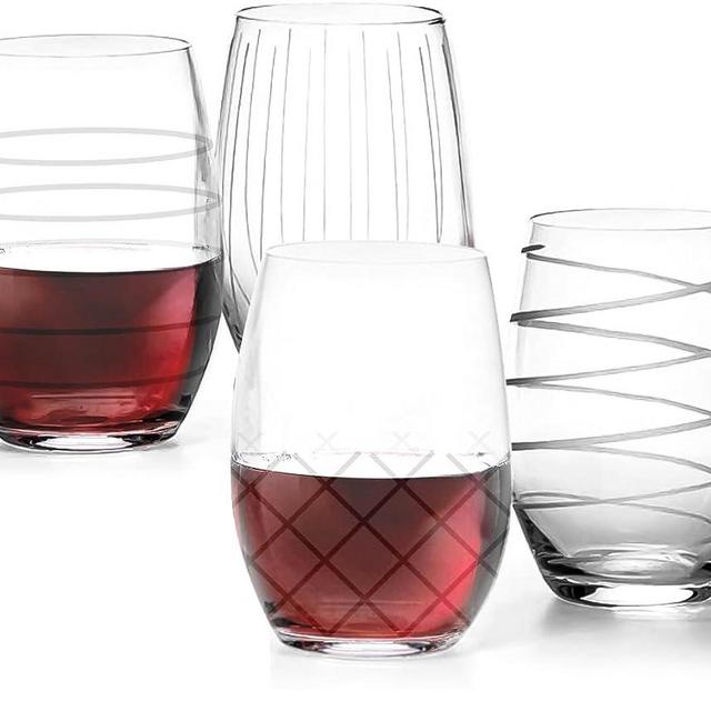 Set of 4 Etched Stemless Wine Glasses - Wine Tumbler Drinking Glass Cups - Kitchen Water Glasses Gift Cup Sets - Lowball Cocktail Glasses for Wedding Anniversary Drink