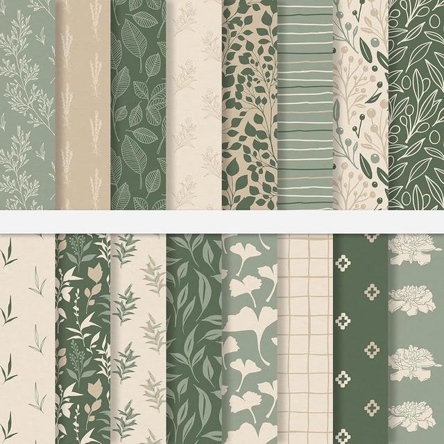 JarThenaAMCS 32 Sheets Sage Green Floral Pattern Paper Greenery Scrapbook Specialty Paper Eucalyptus Leaves Double Sided Craft Paper For DIY Card Making Photo Album Journal Decor, 6 x 6 Inch