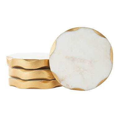 James Scott Real Marble Coasters Set of 4 - Round Design with Gold Edges