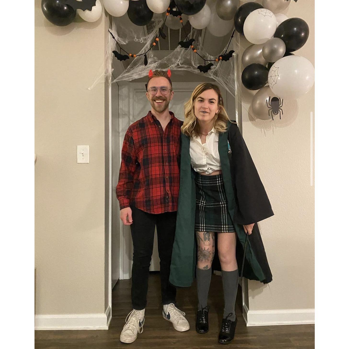 Here we are at a halloween party a few days after getting engaged before we had made it public knowledge yet(and Tommy recycling his costume from the day we got engaged)