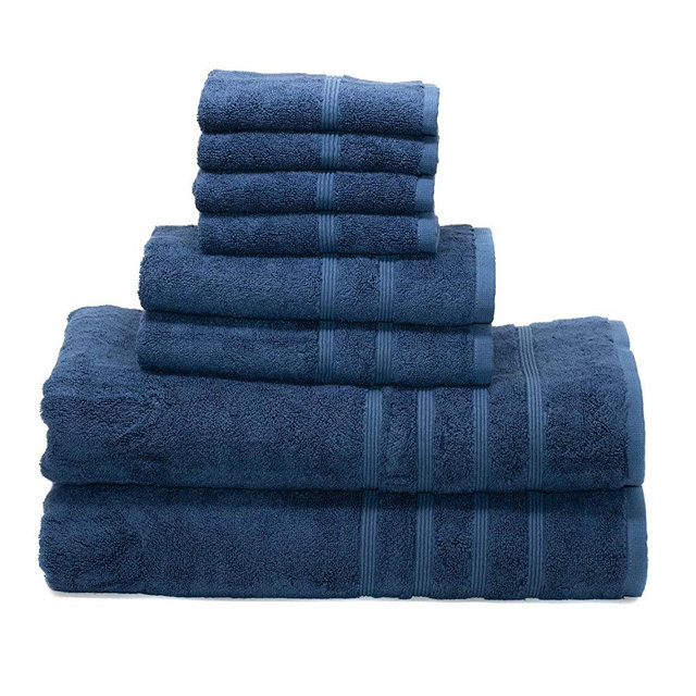 MOSOBAM 700 GSM Luxury Bamboo 8pc Extra Large Bathroom Set, Navy Blue, 2 Bath Towels Sheets 35X70 2 Hand Towels 16X30 4 Face Washcloths 13X13, Prime Turkish Shower, Dark Towel Sheets Sets, Quick Dry