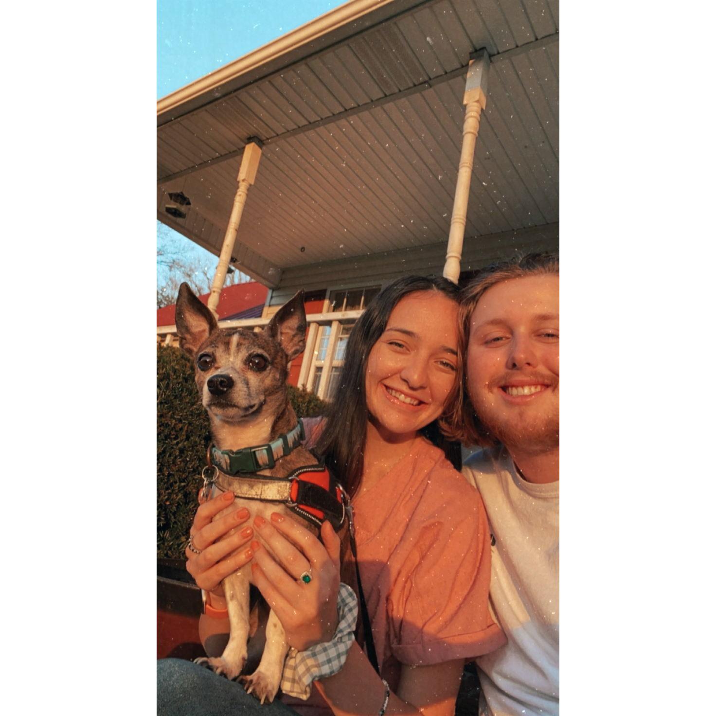 Selfie at Megans house with her dog Gizmo 2021