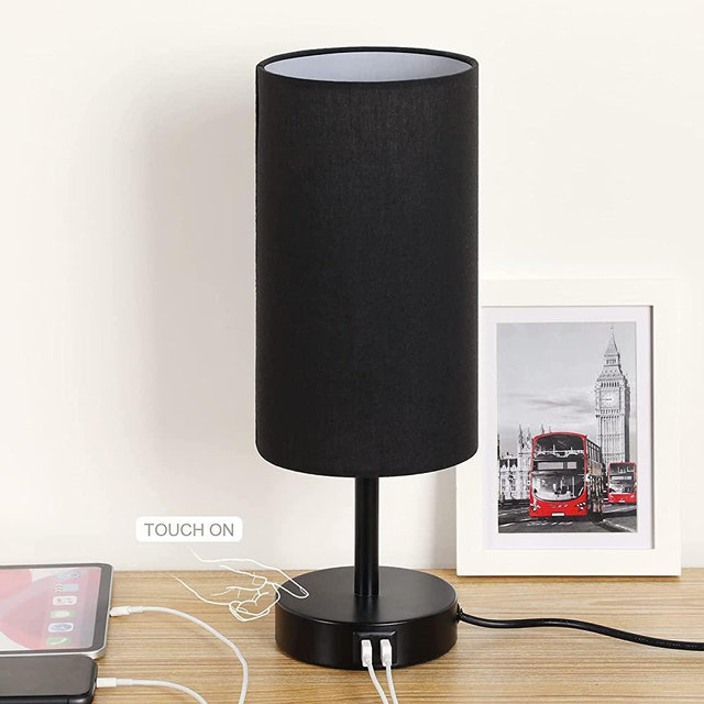 Bedside Lamp with USB Port - Touch Control Table Lamp for Bedroom 3 Way Dimmable Nightstand Lamp with Round Black Fabric Shade for Living Room, Kids Room, College Dorm, Office(LED Bulb Included)