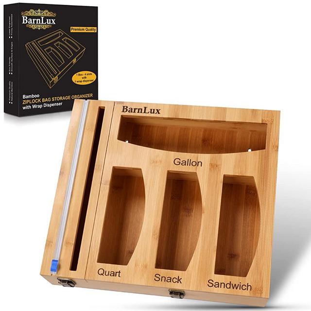 BarnLux 2 in1 Storage Bag Organizer with Wrap Dispenser - Bamboo Plastic Bag Organizer for Drawer, Anti-Cushion Bottom Baggie Organizer, Wall Mounted, Varnished Surface, 1 Box,13" x 14.5" x 3.7"