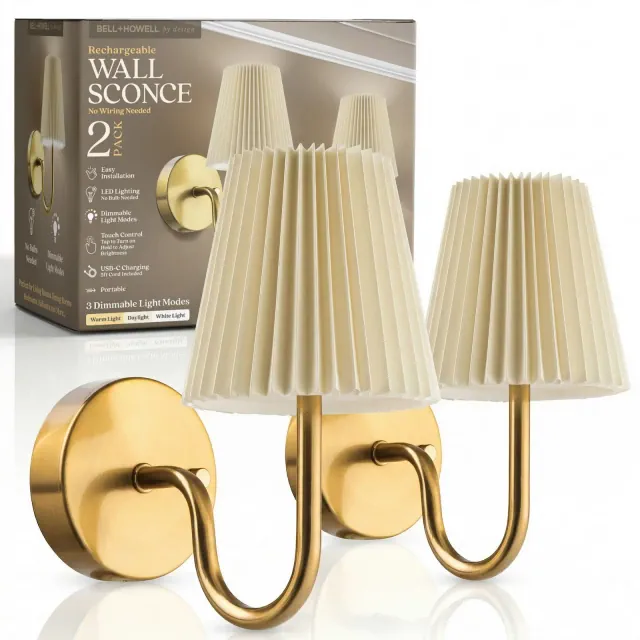 Bell + Howell Wall Light Gold 2 Pack Rechargeable LED Wall Sconces Cordless Dimmable Touch Control Lights