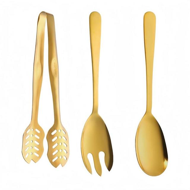 Ymeibe Salad Spoon and Fork Stainless Steel Tong Serving Set, Heavy Duty Smooth Finish Metal Serving Utensils Large Salad Servers for Home Kitchen Party Buffet Supply (Gold)