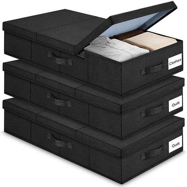 Under Bed Storage With Lids: 3 Pack Large Underbed Storage Containers Bins Organizer Box with Handle, Foldable Stackable Sturdy Storage Drawer Bags for Organizing Clothes Blanket Shoe Toy Bedroom (Black)
