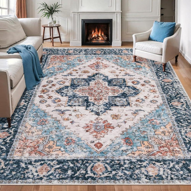 SERISSA Boho 8x10 Area Rugs, Washable Vintage Large Living Room Rug Non-Slip, Ultra Soft Oriental Print Distressed Tribal Farmhouse Blue Orange Carpet for Dining Room Bedroom Dorm Office Home Decor