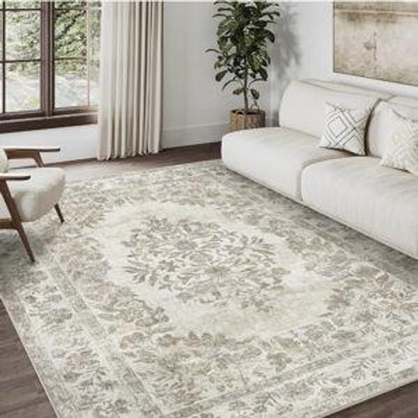 6x9 Area Rug Beige Washable Vintage Distressed Living Room Carpet Large Bedroom Indoor Medallion Floral Non Slip Retro Throw Floor Mat for Office Dining Room Kitchen Bathroom
