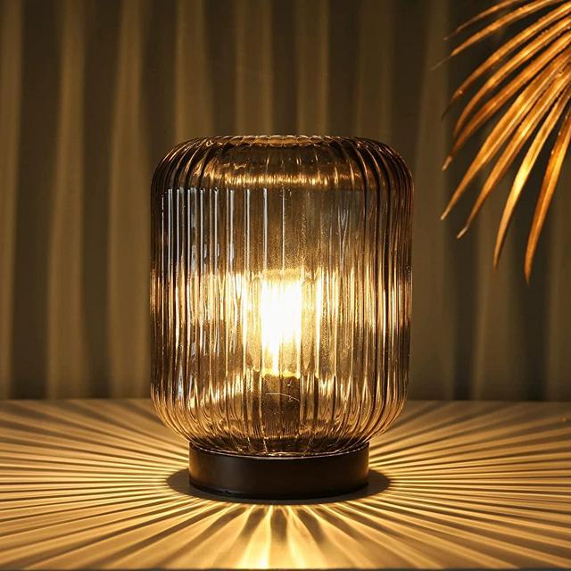 LUSHARBOR Battery Operated Lamp, Cordless Table Lamps for Home Decor, Battery Powered Nightlight with LED Bulb, Decorative Glass Beside Lamp for Bedroom Living Room