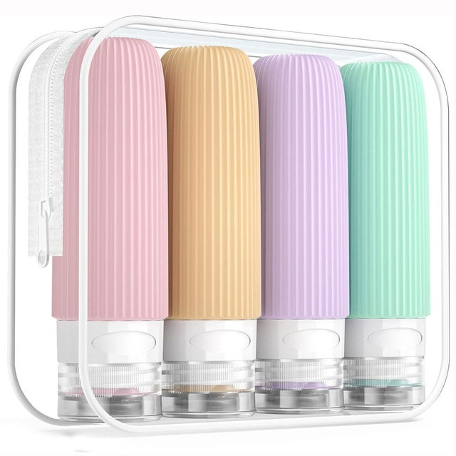 Mrsdry Travel Bottles for Toiletries, Tsa Approved 3oz Portable Travel Bottles, BPA Free Leak Proof Squeezable Silicone Travel Size Containers, Travel Accessories with Clear Toiletry Bag (4 Pack)