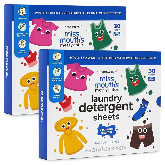 Miss Mouth's Messy Eater Laundry Detergent Sheets - 120 Loads Travel Friendly Detergent Sheets - Hypoallergenic, Sensitive Skin Safe, Pediatrician and Dermatologist Tested, Fragrance Free