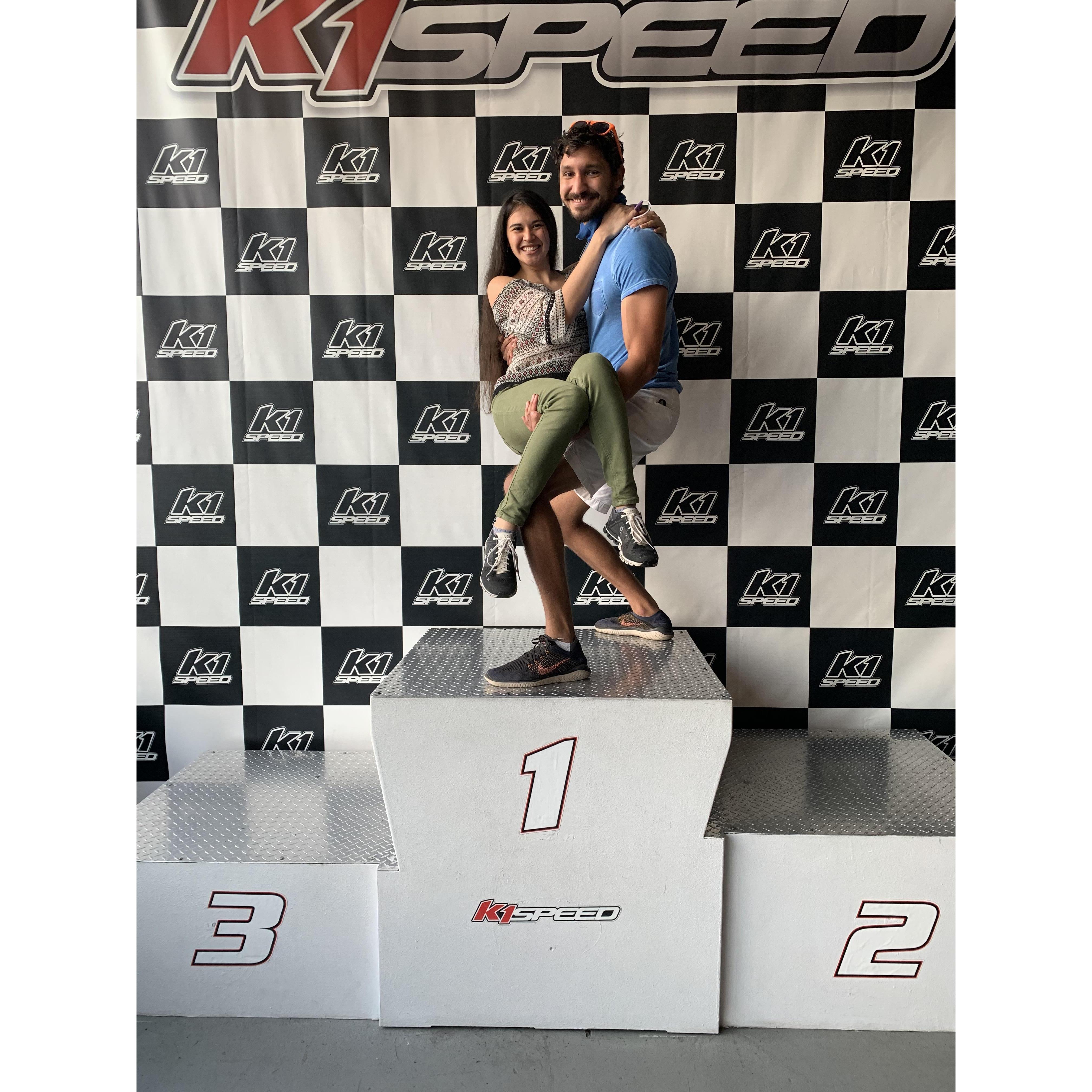 Speed racers race go-karts and finish first and first!