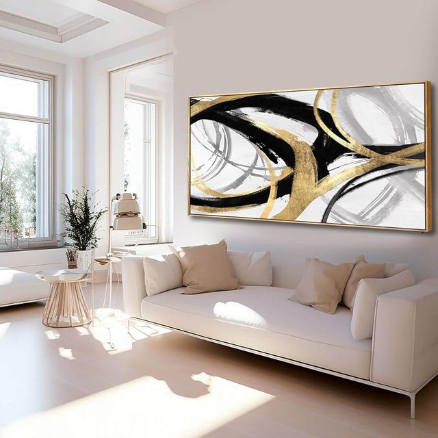 Abstract Wall Art Pictures for Living Room Gold Wall Decor Line Art for Bedroom Kitchen Home Office Decoration Framed Art 24"x48"