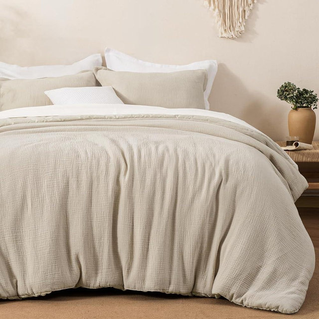 David's Home Cotton Muslin Comforter Set Queen Size,Soft Comfy Lightweight Breathable Skin-Friendly Gauze,3 Pieces Beddings for Spring Summer,Aesthetics Home Decor,Gift for Women Hot Sleeper,Natural