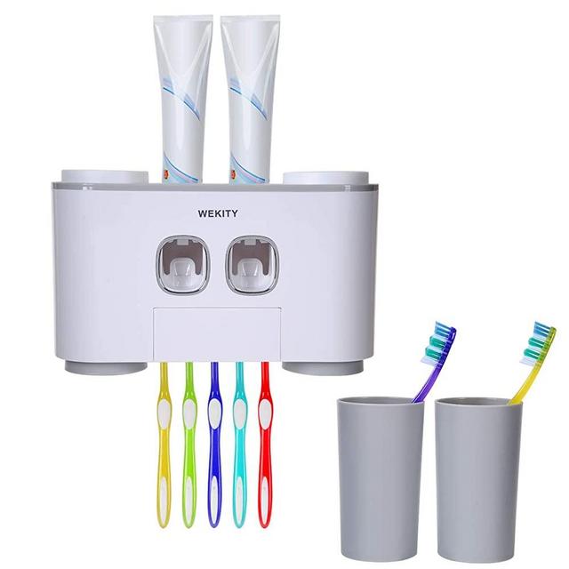 Wekity Toothbrush Holder Multifunctional Wall-Mounted Space-Saving Toothbrush and Toothpaste Squeezer Kit with Dustproof Cover, 5 Toothbrush Slots, 2 Automatic Toothpaste Dispenser and 4 Cups (Grey)
