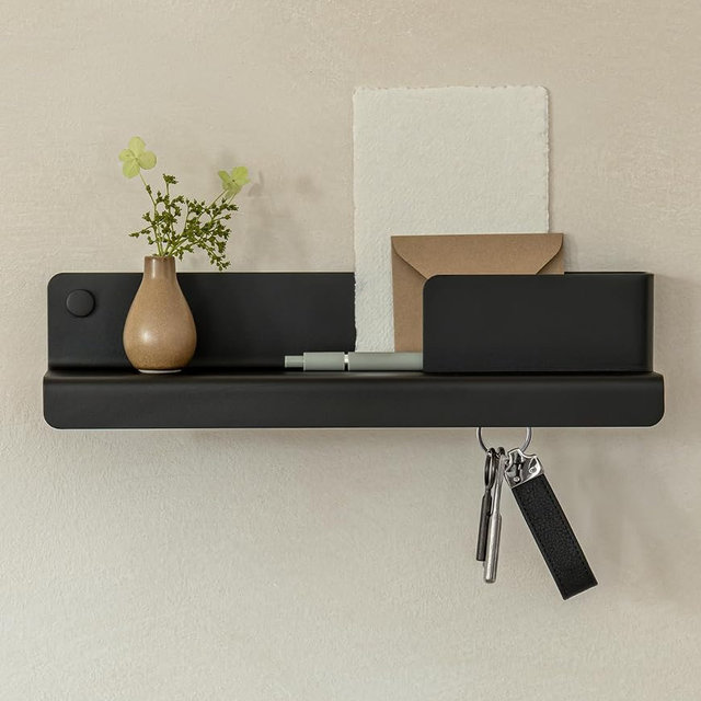Kazai. Key Holder for Wall 'Holmsen' | Minimalist Key Hooks Design from Berlin | Modern Key Hanger with Metal Shelf | Key Hook Wall Mounted as Hallway Furniture | Black